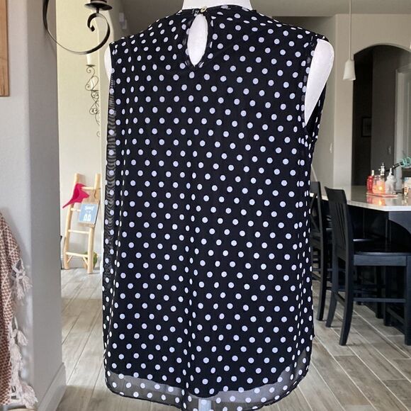 Kim & Cami Sleeveless Black Mock Ruffled Neck White Polka Dots Sheer S - Picture 6 of 12